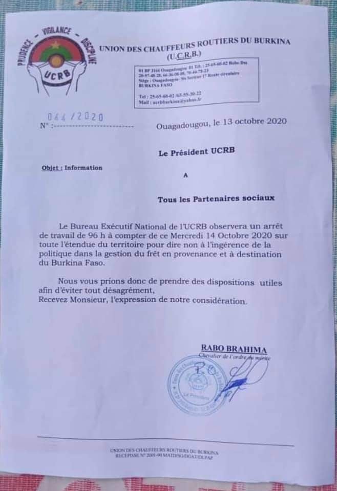 Burkina: arrêt des transports pour 96h 1