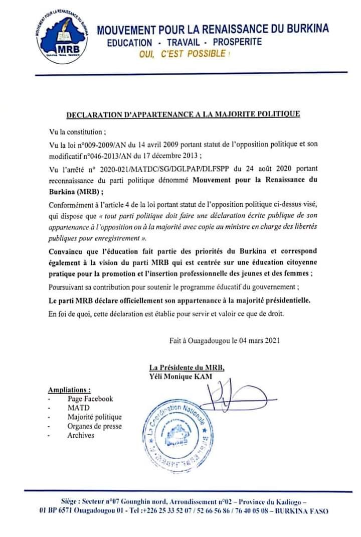 Burkina: le mouvement de Monique Kam déclare son appartenance à la majorité présidentielle 2