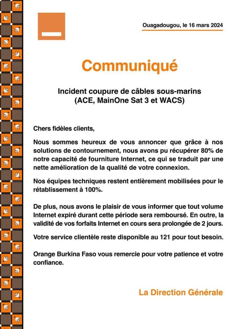 Connexion: Orange Burkina informe avoir récupéré 80% de sa capacité de fourniture internet 16