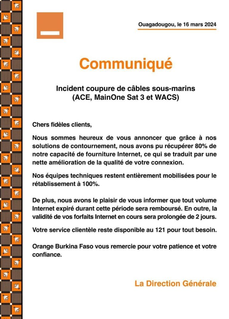 Connexion: Orange Burkina informe avoir récupéré 80% de sa capacité de fourniture internet 431