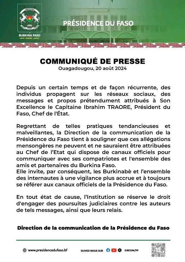 Propos mensongers attribués au chef de l’Etat : La Présidence du Faso met en garde 2 Propos mensongers attribués au chef de l’Etat : La Présidence du Faso met en garde 2