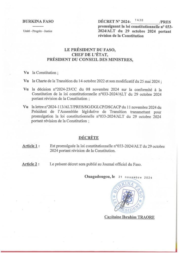 Burkina Faso : Le Président Ibrahim Traoré promulgue la révision constitutionnelle 2 Burkina Faso : Le Président Ibrahim Traoré promulgue la révision constitutionnelle 2