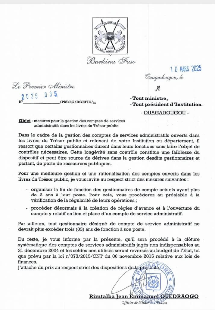 Burkina: Le Premier ministre ordonne la fin de fonction des gestionnaires de compte ayant 3 ans de service 4