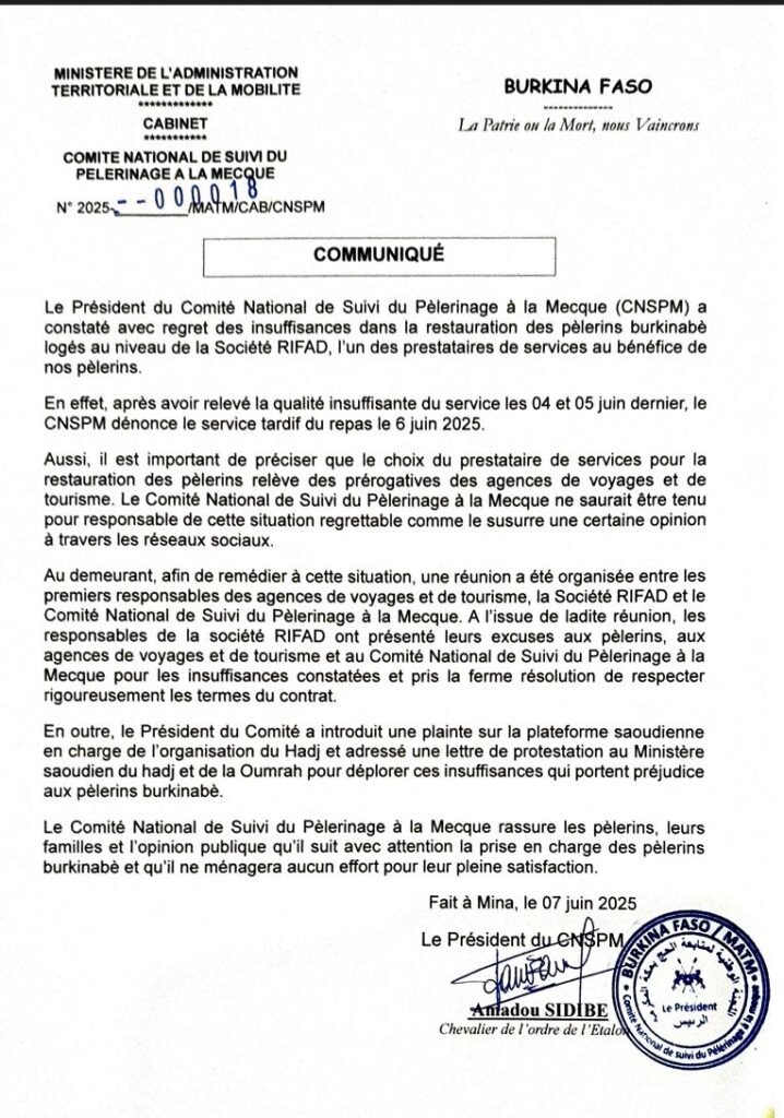 Hadj 2025 : Des insuffisances constatées dans la restauration des pèlerins burkinabè 2 Hadj 2025 : Des insuffisances constatées dans la restauration des pèlerins burkinabè 2