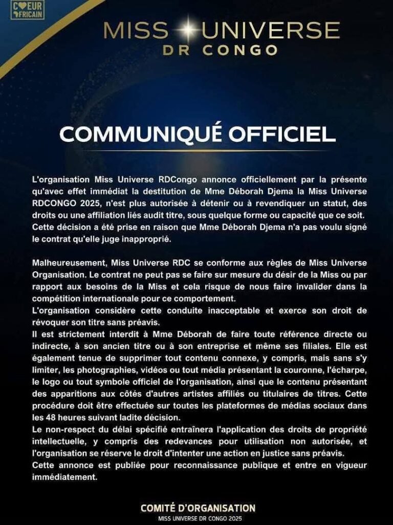 Congo : La Miss Universe 2025 destituée pour refus de signature d'un contrat 3 Congo : La Miss Universe 2025 destituée pour refus de signature d'un contrat 3