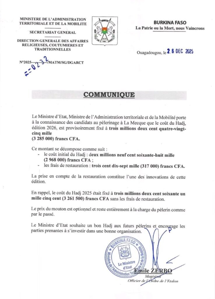 Hadj 2026 : Le coût provisoire fixé à 3 285 000 FCFA, la restauration désormais incluse 1